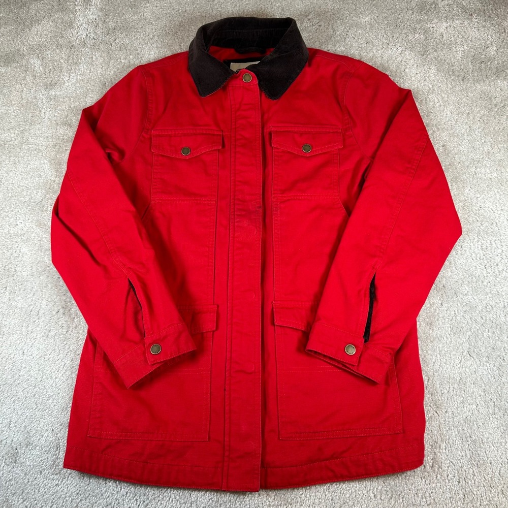 Orvis Barn Jacket Womens S Red Corduroy Collar Plaid Flannel Lined Canvas Coat